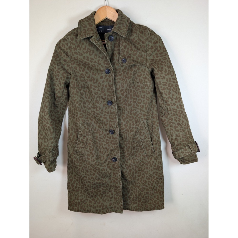Zara Basic Womens Glen Leopard Print Trench Coat Olive Green Brown XS